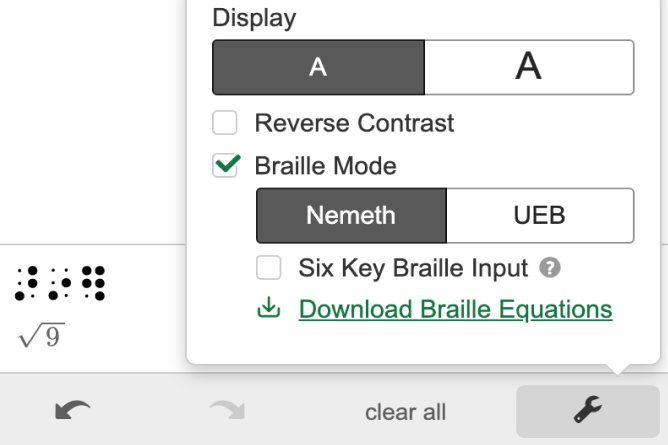 Four Function Calculator Braille Settings. Screenshot.