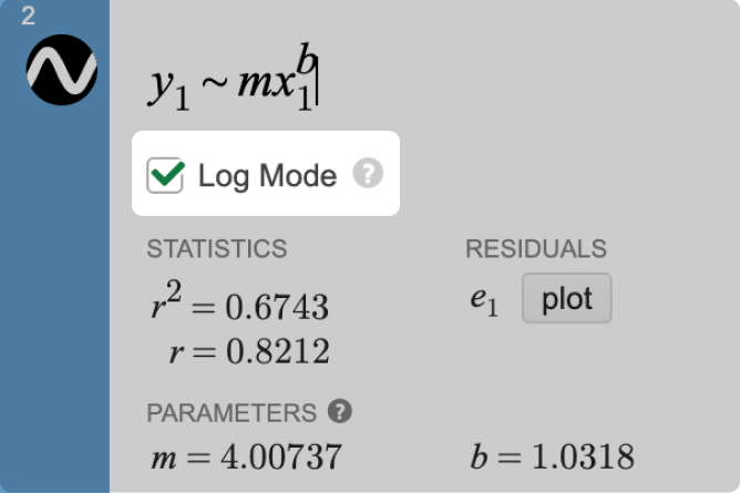 Log Mode Enabled With Exponential Equation. Screenshot.