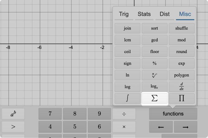 Desmos Calculator Keyboard With Sigma Summation Highlighted. Screenshot.