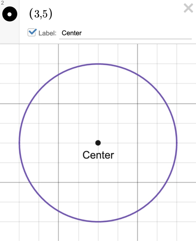 Image of a circle with the center (3,5) labeled as center. Screenshot