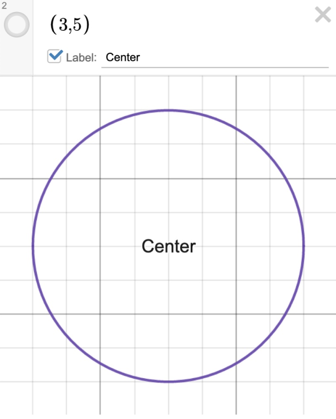 Image of a circle with center at (3,5) labeled as center with coordinate point toggled off.  Screenshot.