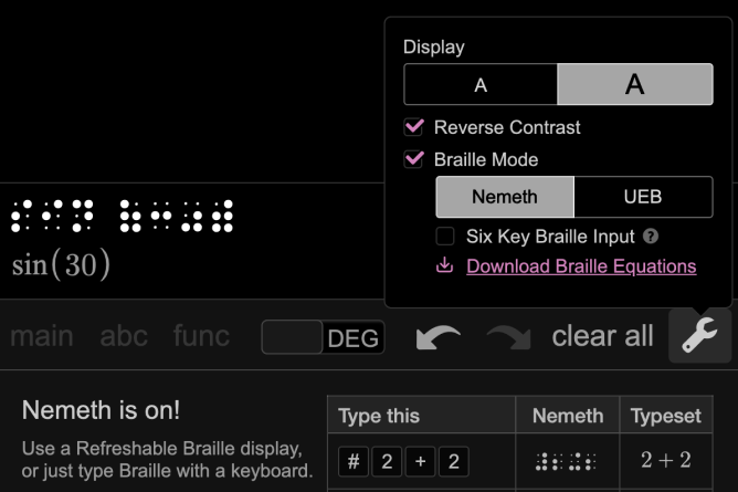 Braille Mode Set up. Screenshot.