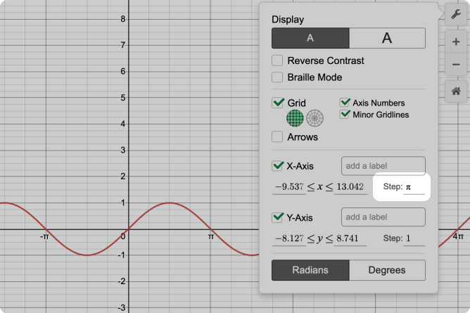 Desmos Graphing Calculator With Axis Step Called Out. Pi Entered As Step Value. Screenshot.