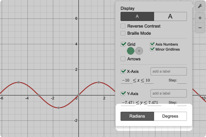 Desmos Graphing Calculator With Radians And Degree Selection Called Out. Screenshot.