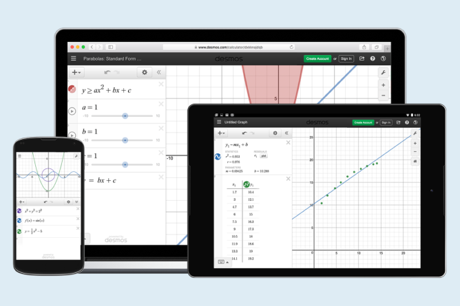 Desmos graph shown on tablet, phone, and laptop. Screenshot.