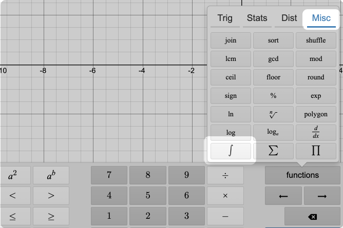Calculator keypad function menu opened.  Miscellaneous functions and integral called out. Screenshot.