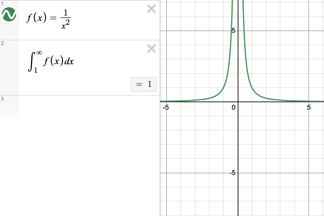 f of x is defined as one over x squared. The integral from one to infinity of f of x evaluates to one.  Screenshot.