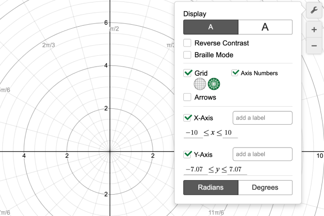 Graph settings menu with polar graphing selected. Screenshot.