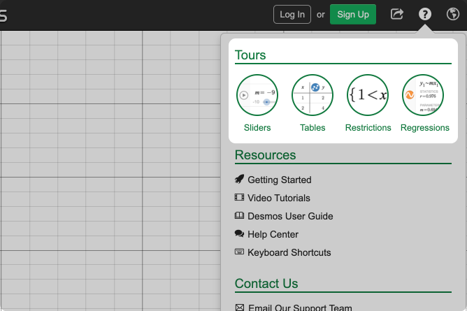 Calculator help menu with tours called out. Screenshot.